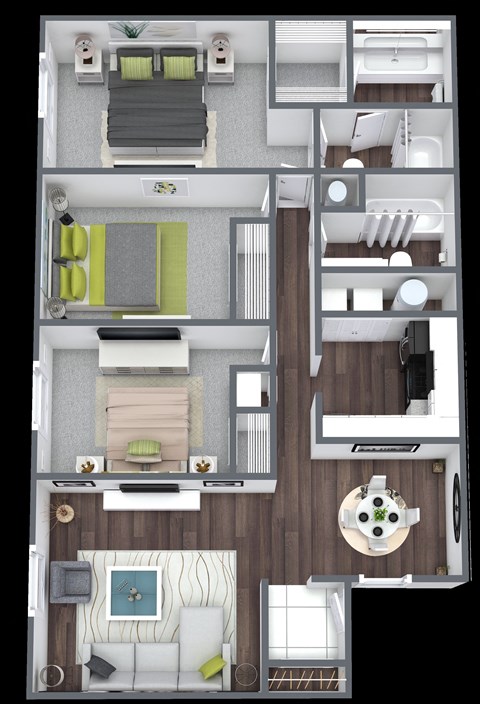 Floor plan for 3 beds, 2 baths, 1341 sqft